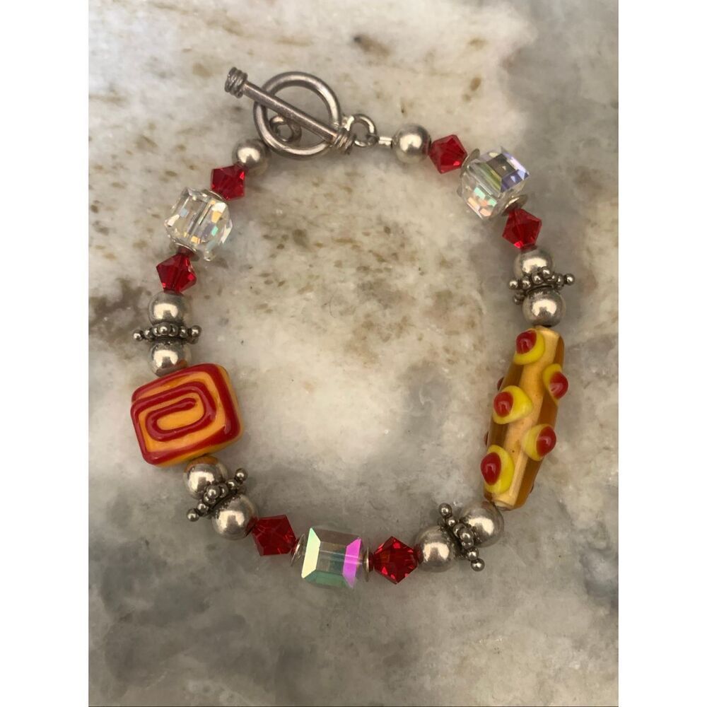 Red Yellow Murano Glass Crystals Sterling Silver Bracelet #handmade #summertime